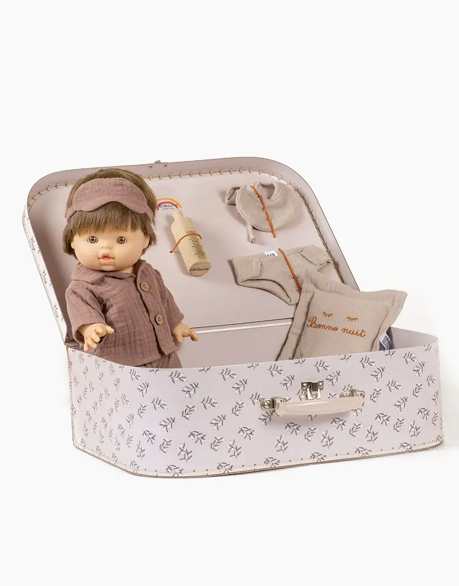 "Le Quotidien" Chestnut Vintage Retro Travel Suitcase - Achille European Boy Baby Doll  Minikane   