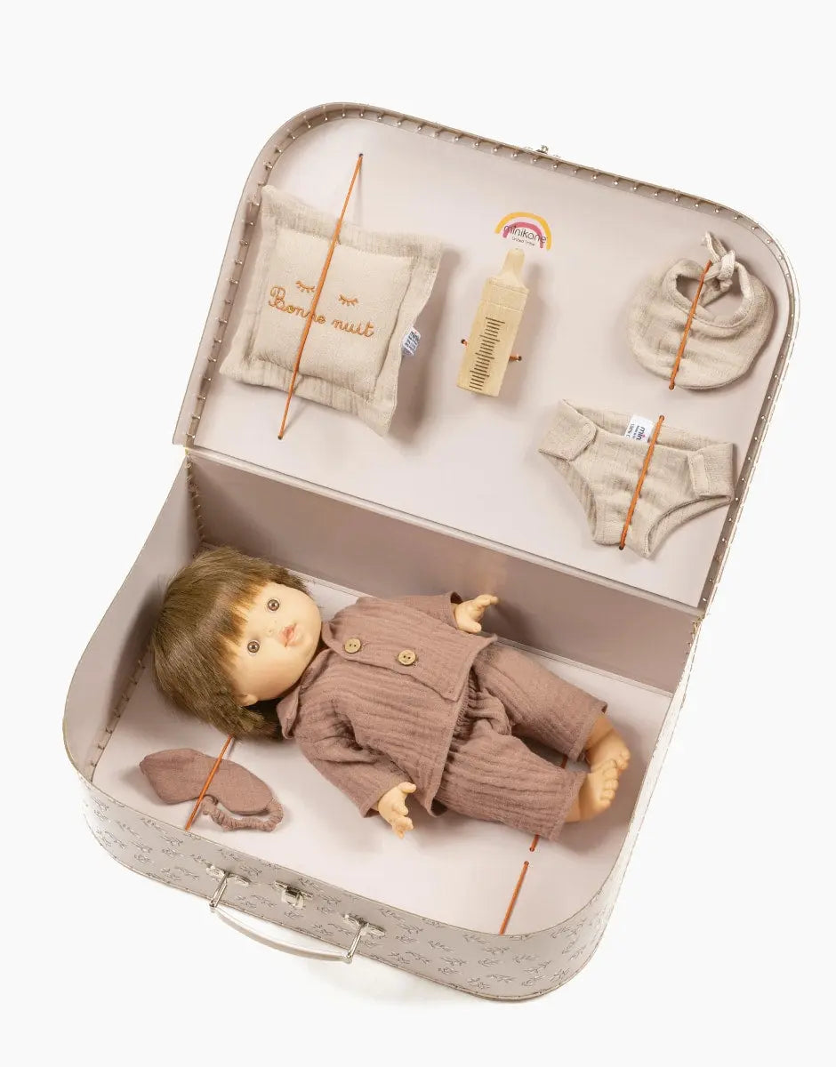 "Le Quotidien" Chestnut Vintage Retro Travel Suitcase - Jules European Boy Baby Doll  Minikane   