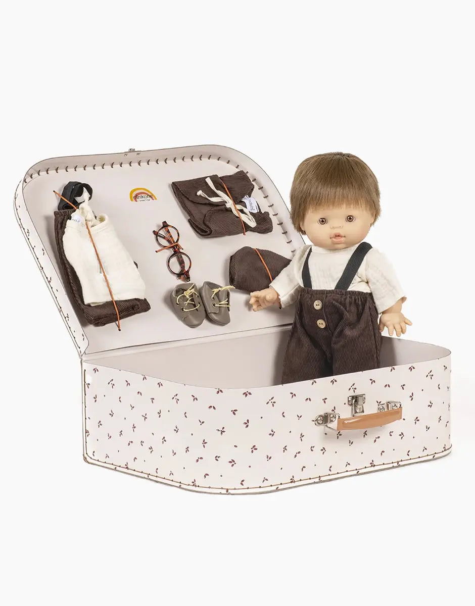 Retro Bohemian Chic Dolls Suitcase in Vintage Brown - Jules Boy Doll  Minikane   