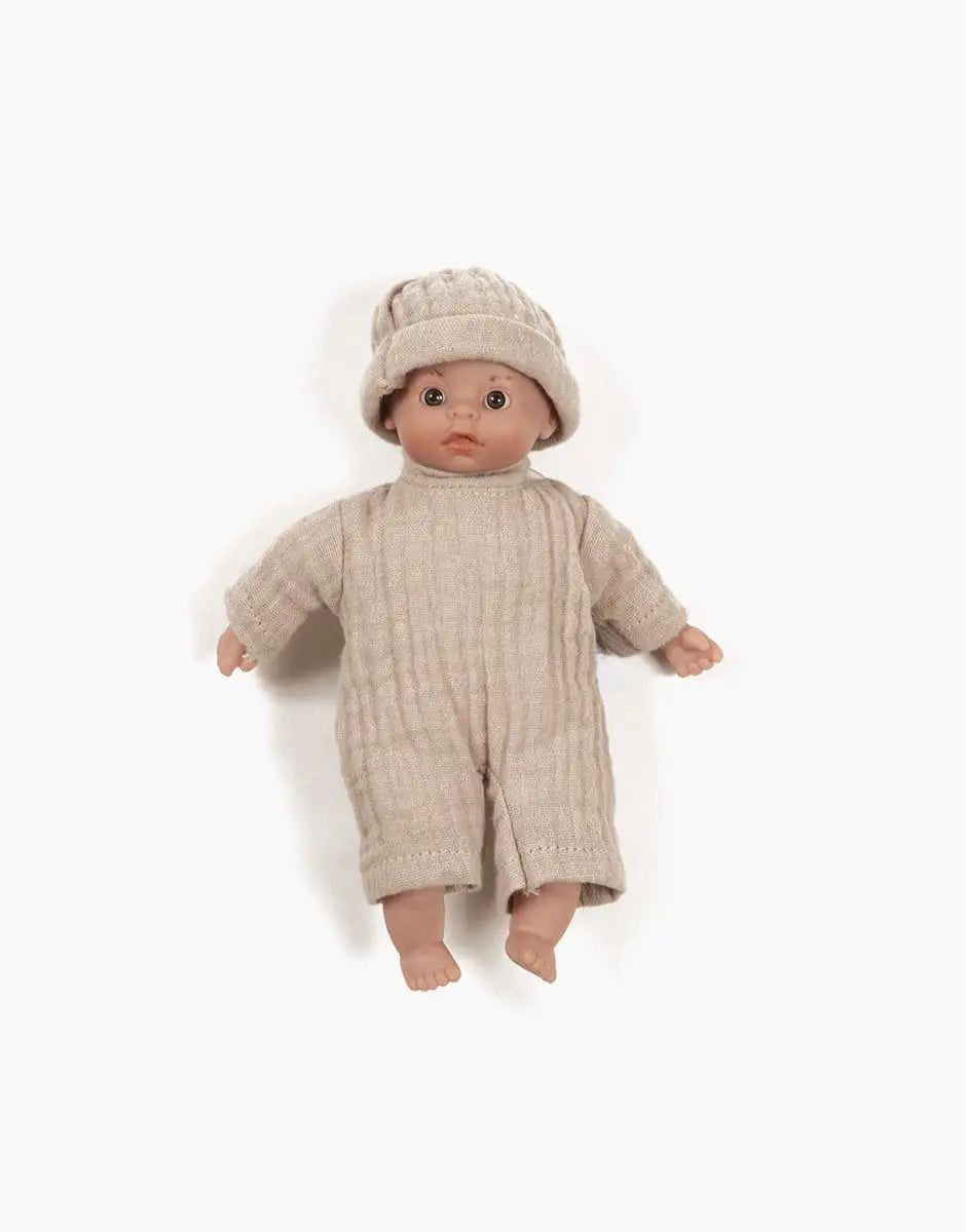 Minis Teo Baby Doll With Dark Eyes in Bodysuit and Pebble Hat  Minikane   
