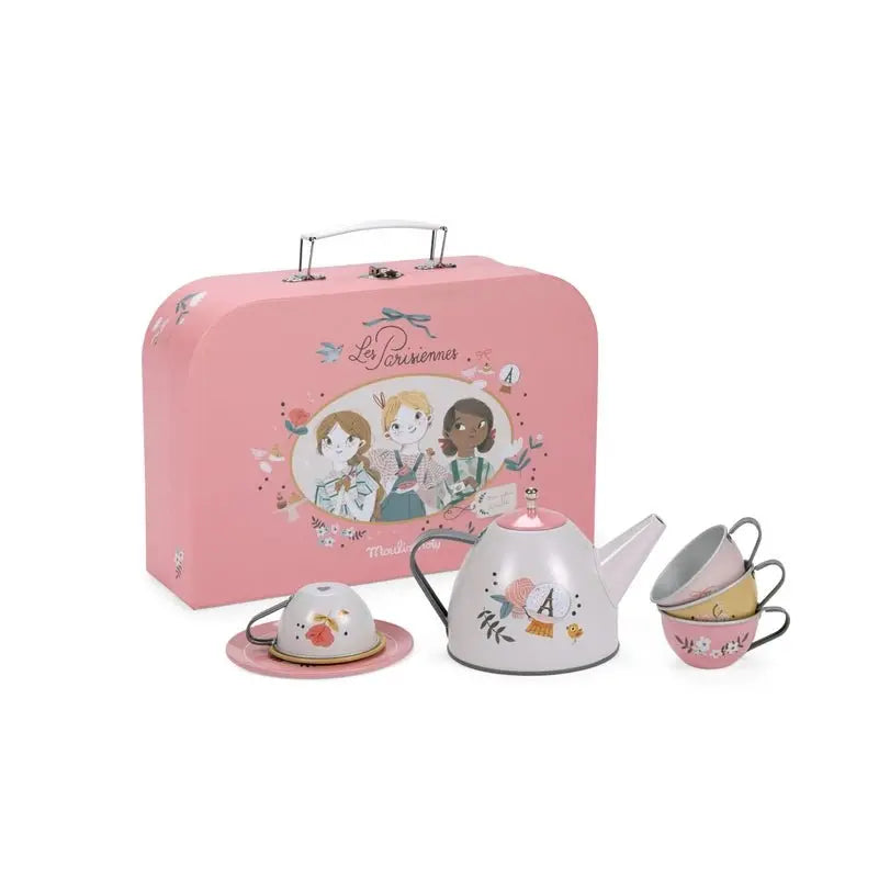 Tea Party Metal Suitcase - Vintage Style, Teapot Set, Parisiennes Inspired Plates, Cups, Saucers  Moulin Roty   