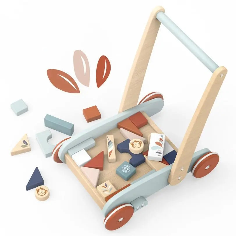 Wooden Block Walker for Toddlers, Toy with Brake System, Sustainable Wood, Gift Box Included  Speedy Monkey   