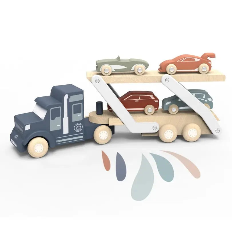 Wooden Car Transporter Toy with Included Assorted Models, Slots to Prevent Falling  Speedy Monkey   