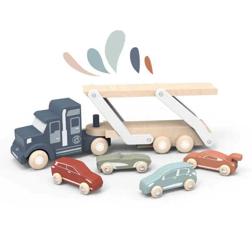 Wooden Car Transporter Toy with Included Assorted Models, Slots to Prevent Falling  Speedy Monkey   